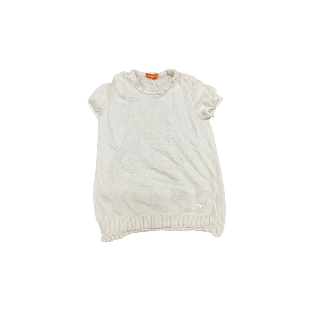Tory Burch Cream 100% Cashmere Short Sleeve Ruffle Neck Sweater Top Size M‎